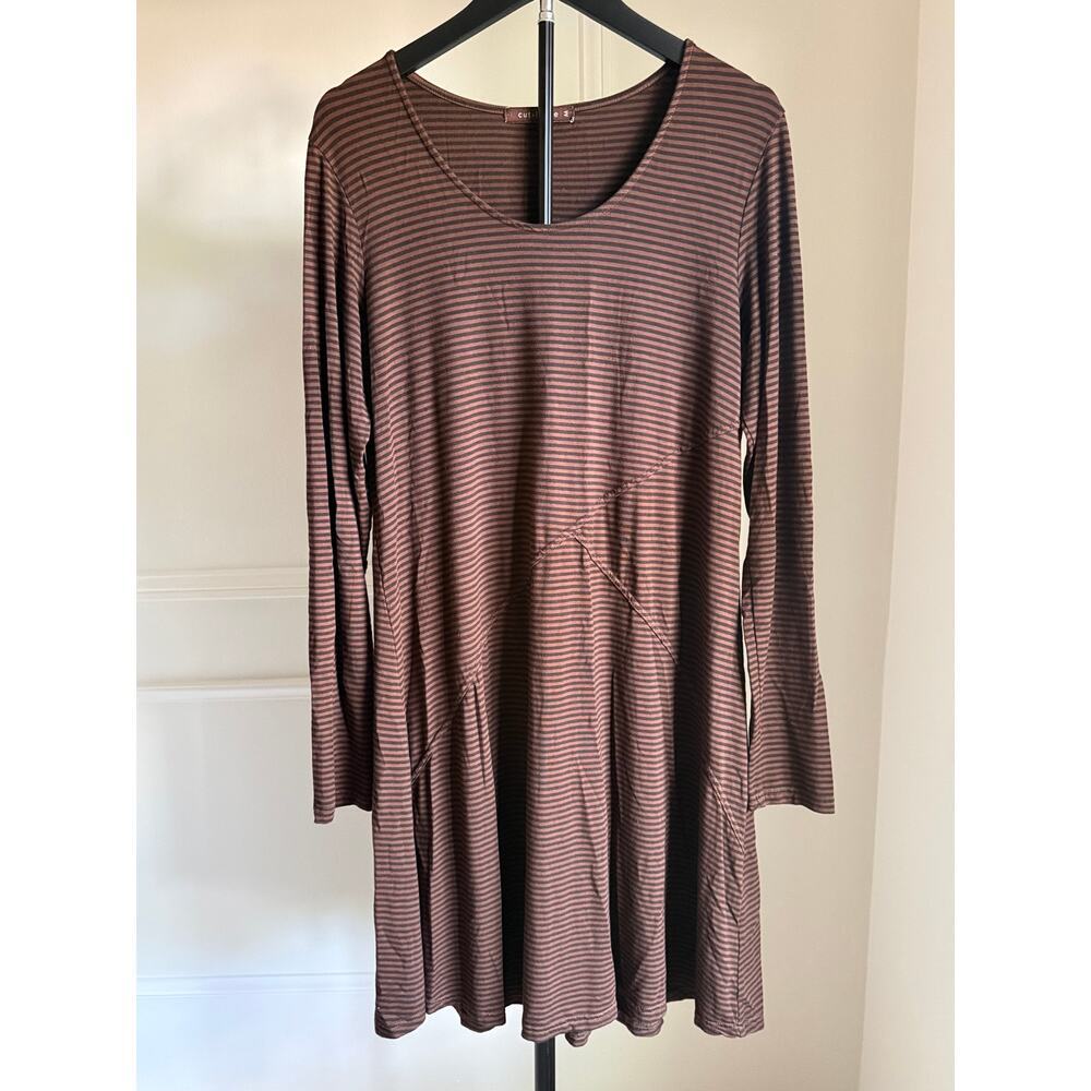 Cut Loose USA Rust Brown Stripe Swing Dress Rayon Stretch Long Sleeve Medium - Picture 2 of 6